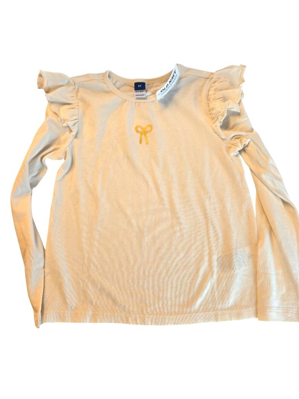 Old Navy Bow Graphic Ruffle Top Girls 6T Cream Long Sleeve Shirt NWT